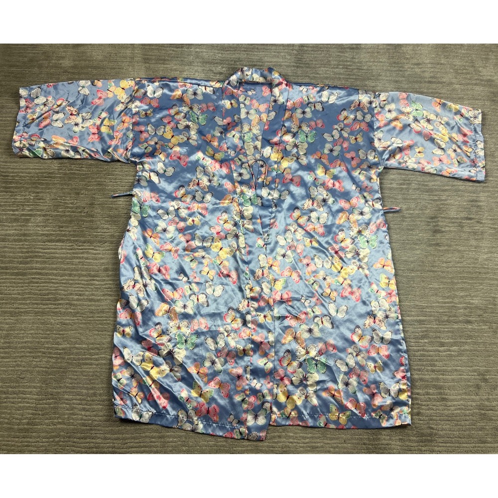 Amelia's Robe Womens OS Blue Butterfly Satin Kimono Long Sleeve Lightweight